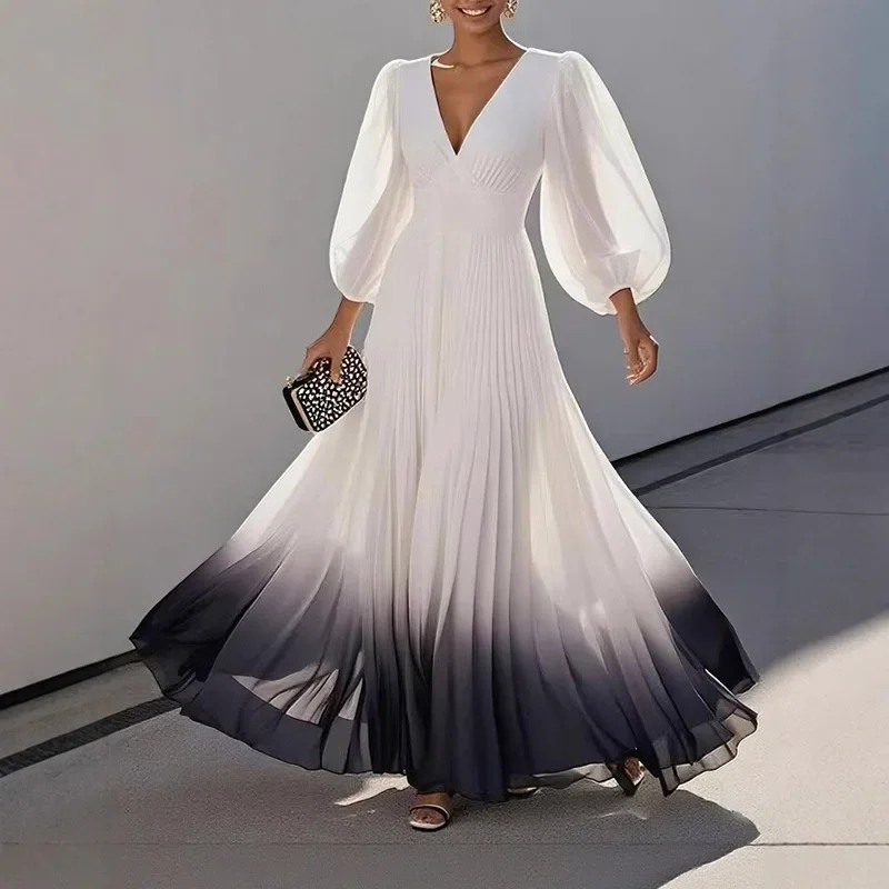 

Mesh Lantern Sleeves V-neck Women's Evening Dress Elegant Swing Prom Long Dresses Gradient Printed High Waist Pleated Robe Dress