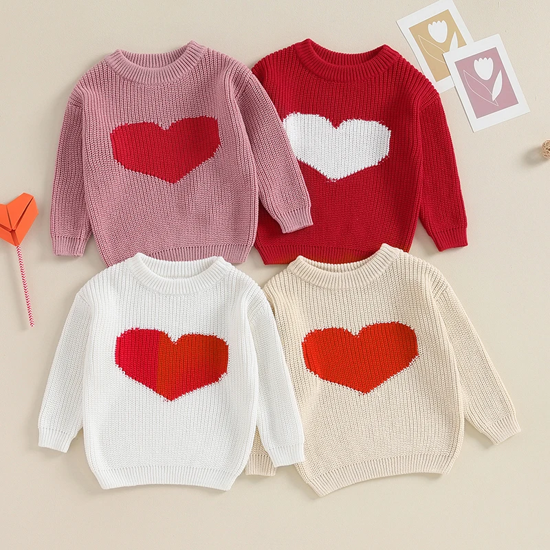 

Toddler Baby Boys Girls Knitted Sweater Casual Cute Valentine's Day Heart Print Warm Long Sleeve Pullover Infant Knitwear Tops