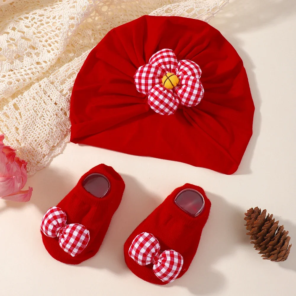 

2Pcs/Set Baby Beanie Socks Solid Color Flower Newborn Infant Turban Hat Soft Cotton Elastic Toddler Cap Anti Slip Socks