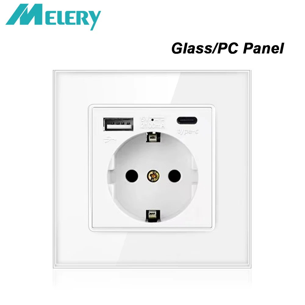 

Настенная розетка Melery EU USB TypeC, белая панель GS/PC, электрическая вилка из Германии, розетка, квадратная розетка Schuko, домашний офис, кухня