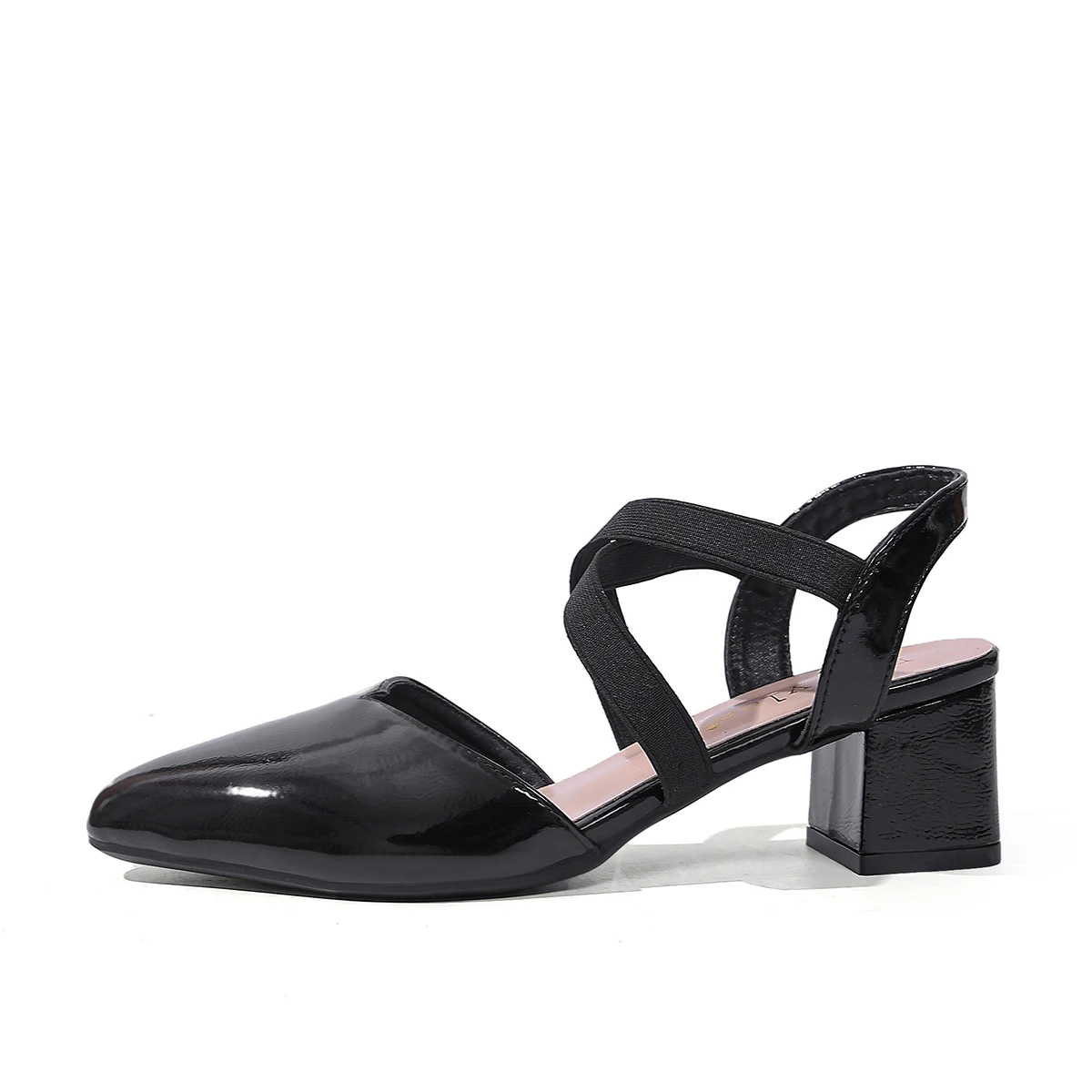 

Women's Black Patent Leather Pumps Pointed Toe Sexy Cross Elastic Straps Block Mid Heels Elegant Office Work Shoes Ladies Sandal