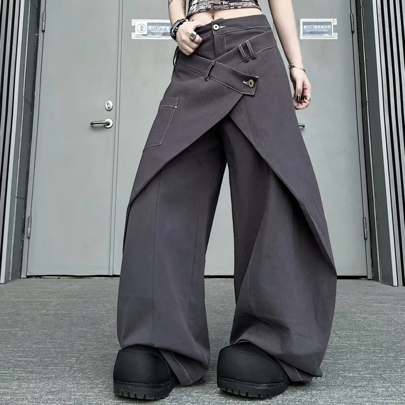 ANJY Spring Autumn New Women American Style Irregular Fake Two-Piece Pleated Wide Leg Casual Pants Stylish Loose Bottoms A21205