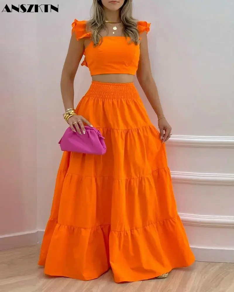 

Spring And Summer New Women'S Solid Color Mid-Waist Sexy Hanging Skirt Women 2 Piece sSet Clothing