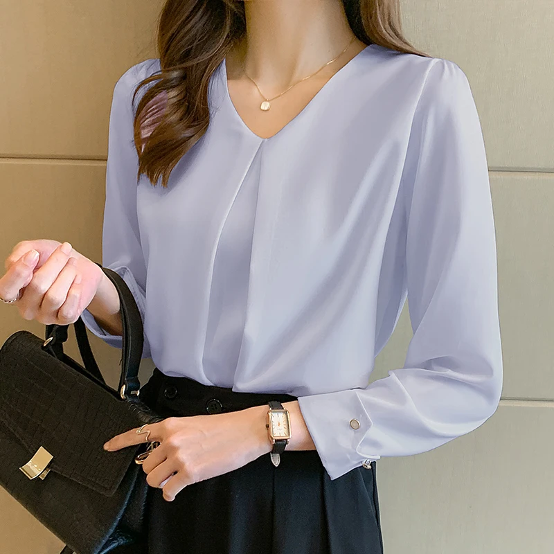 New Retro Pullover White Long Sleeve Solid Color Shirt Women's Simple Blue Tops and Blouses Chiffon Elegant Fashion Spliced Tops