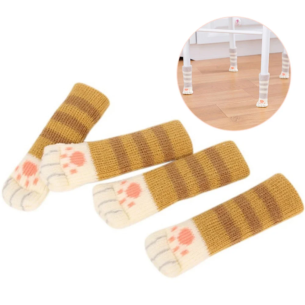 4pcs Lovely Cat Paws Chair Leg Cover Socks Floor Protector Table Foot Knitting Socks Skidproof Door Handle Cover Home Decor