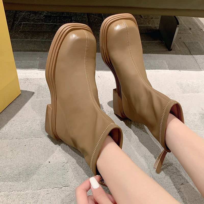 2023 Women's Shoes Winter Basic Ankle Women's Boots Concise Modern Boots Women Sewing Square Toe Square Heel Shoes Women Zapatos