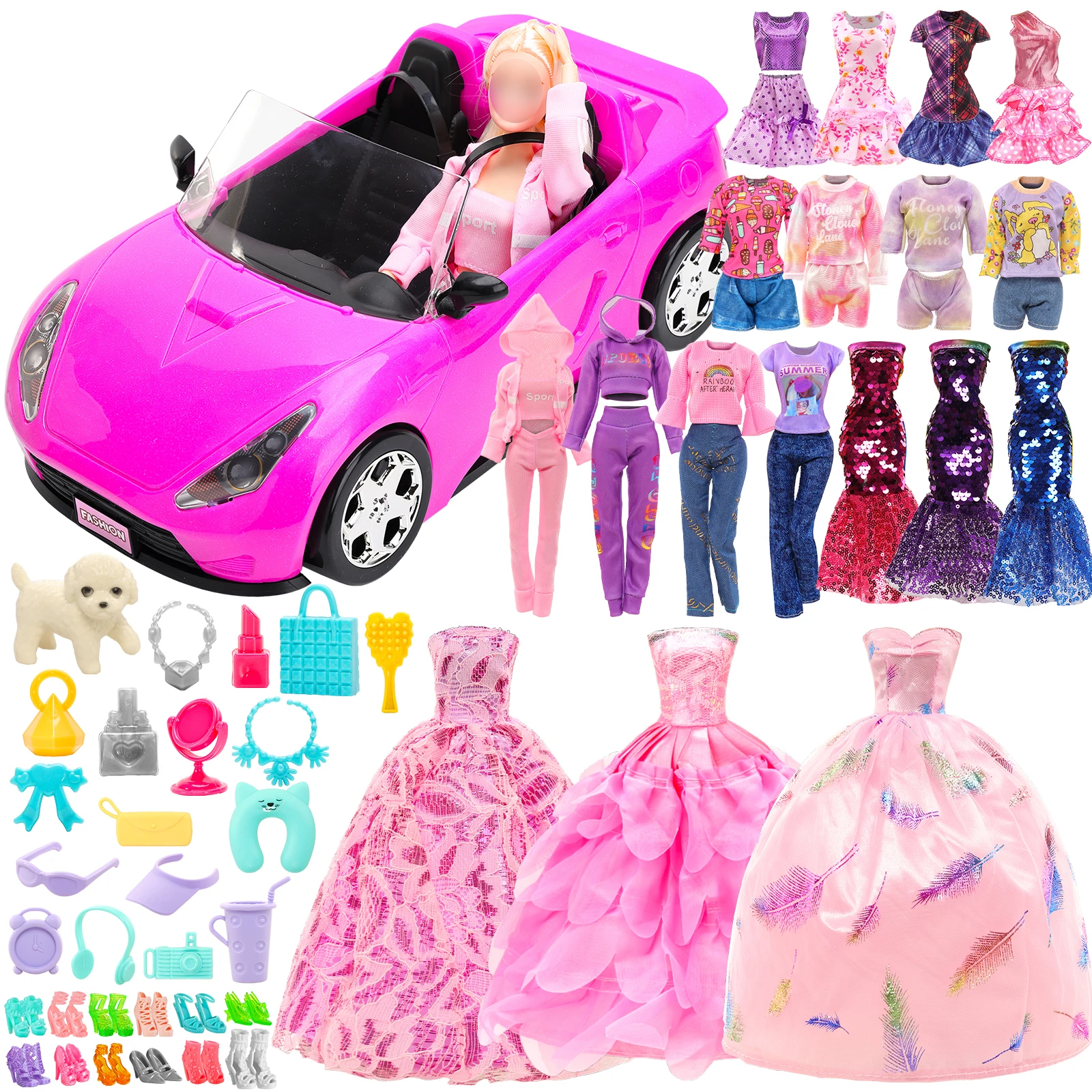 

Barwa 11.5Inch/30cm Girl Doll 36 Piece Set -1 Rose Red Car (NO Doll)+2 Evening Dress +2 Clothes and Pants+28 Fixed Accessories