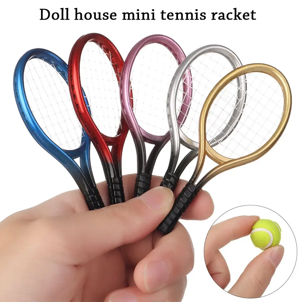 1 Set 1/6 1/12 Miniature Sport Tennis Model Children Garden Mini Doll Tennis Racket Ball Doll House Dollhouse Accessories