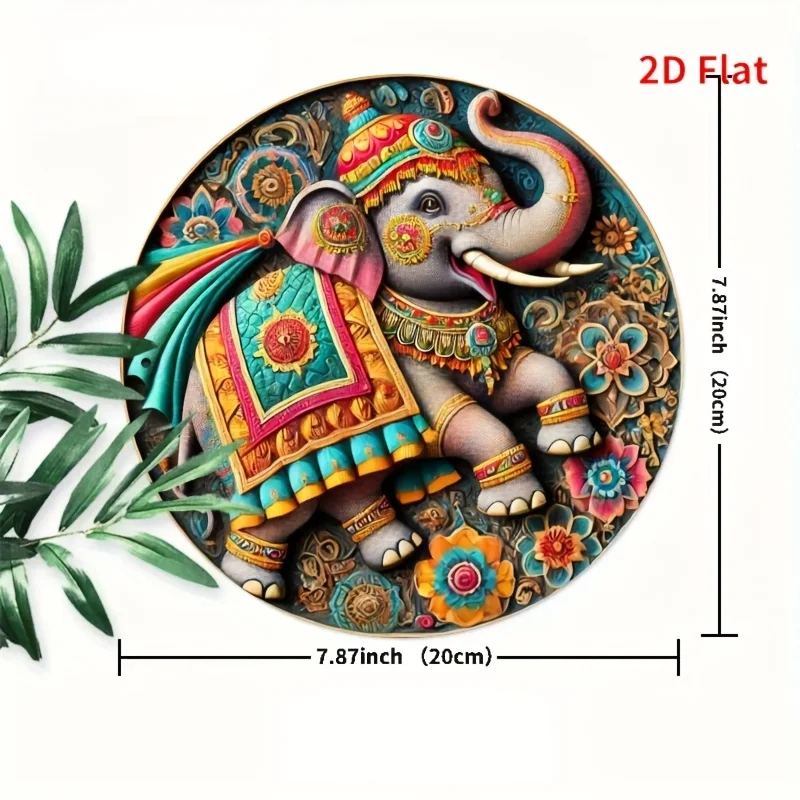 2D Flat Print, One Piece, Charming And Lively Elephant Pattern Design, Metal Sign, Round Iron Hanging Painting,