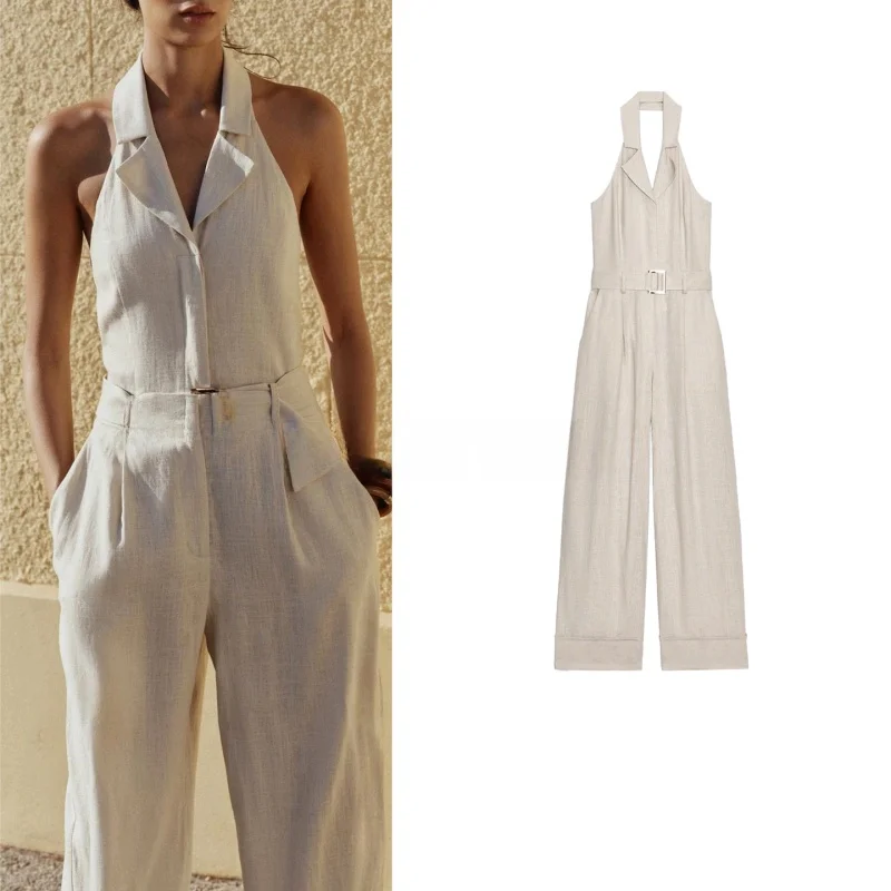 

Summer New Arrival Women's mat Sle Long One-Piece Suit with Belt Mixed Fiber Hanging Collar 96% Polyester Fiber