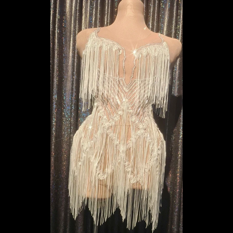 Vestido transparente de malla para mujer, traje Sexy con lentejuelas brillantes, borla blanca, baile latino en barra, ropa para fiesta y club