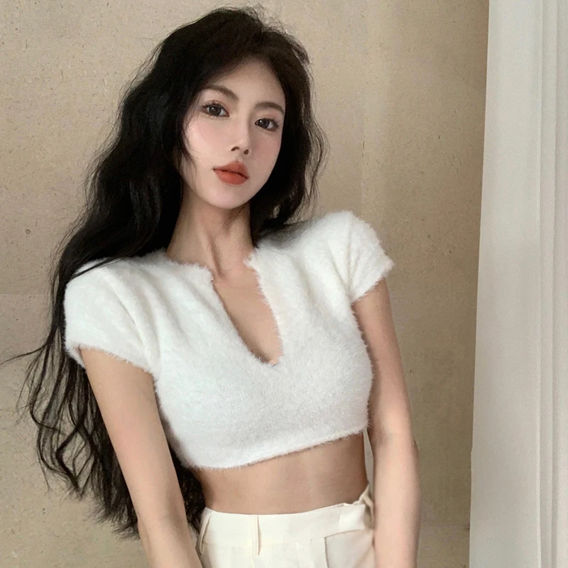 V NeckLint Knitted Short Sleeves Crop Tops Solid Color Summer Slim Sexy Casual Women's Tops Expose Navel Korean Version 