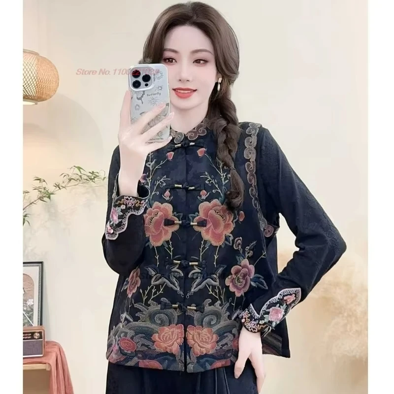 

2025 national flower embroidery stand collar satin jacquard folk vest traditional ethnic hanfu tops retro sleeveless jacket