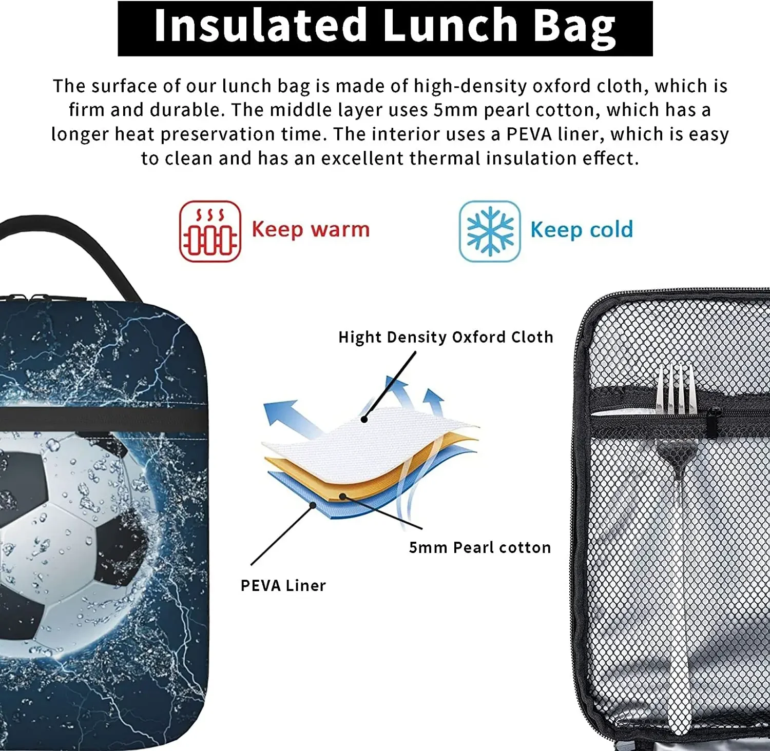 Soccer Ball on Water Printed Lunch Bag Insulated Lunch Box Cooler Tote for Office Work