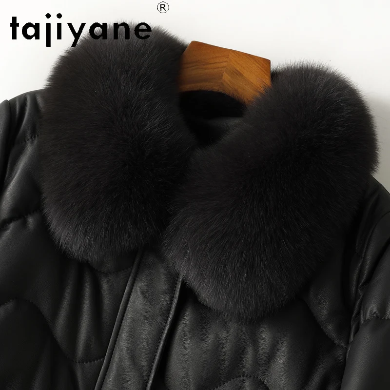 TAJIYANE 100% 최고급 양가죽 다운 코트 겨울 중간 길이 블랙 리얼 가죽 패딩 재킷 여성용 폭스 퍼 칼라 2025