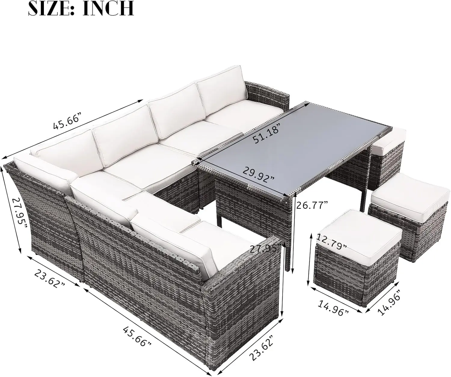 7 Pieces Conversation Set Outdoor Patio Furniture Sofa Set, All-Weather Rattan  Sofa with Ottoman, Cushion, Dining Table