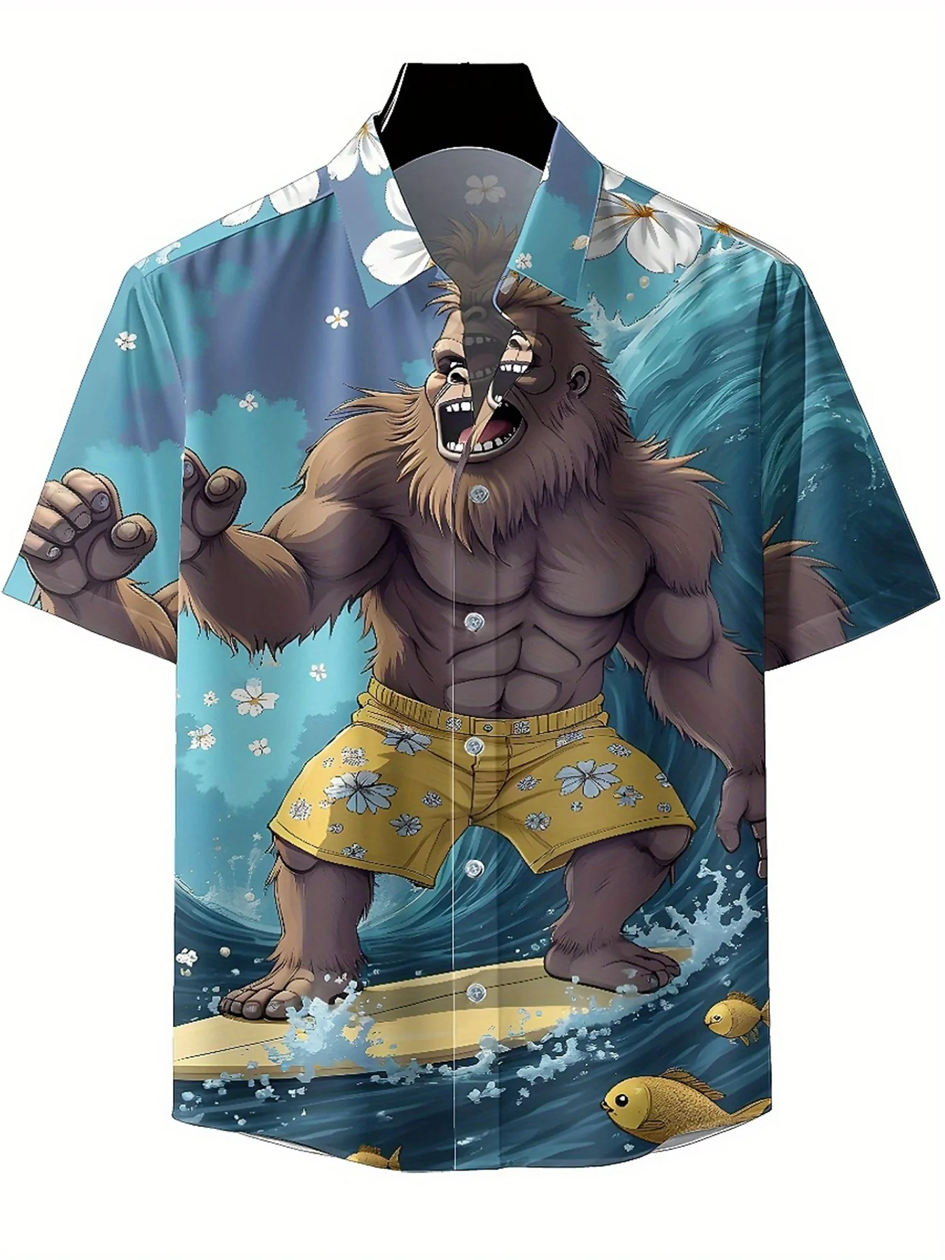 Men's Plus Size Hawaiian Shirts Sasquatch Tropical Surfing pattern, Summer Casual Tops, Suitable for Outdoor Party, Streetwear
