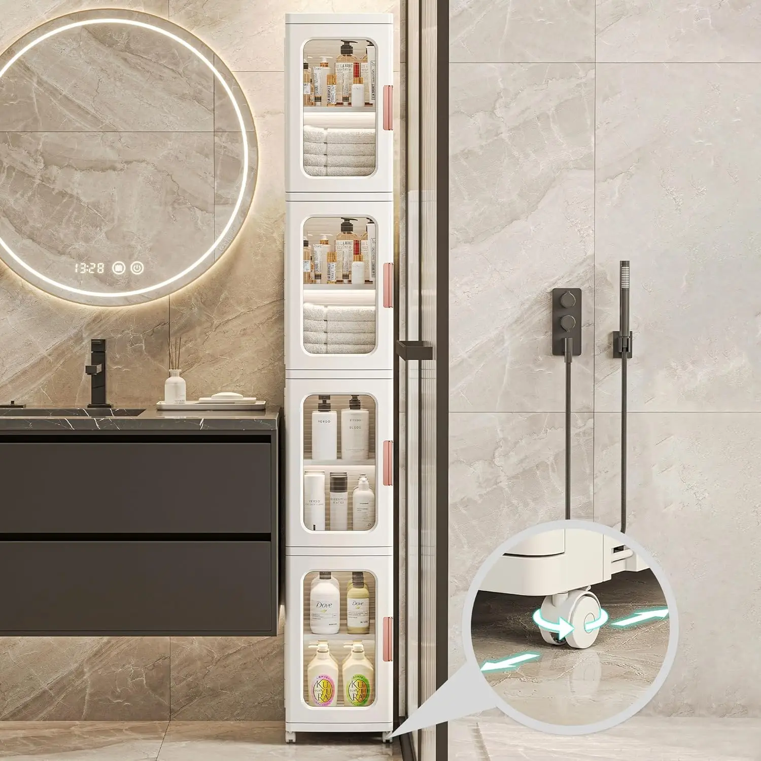 

Slim Tall Bathroom Storage Cabinet with Doors and Shelves, 4-Tiers Narrow Bathroom Storage Organizer Movable Freestanding