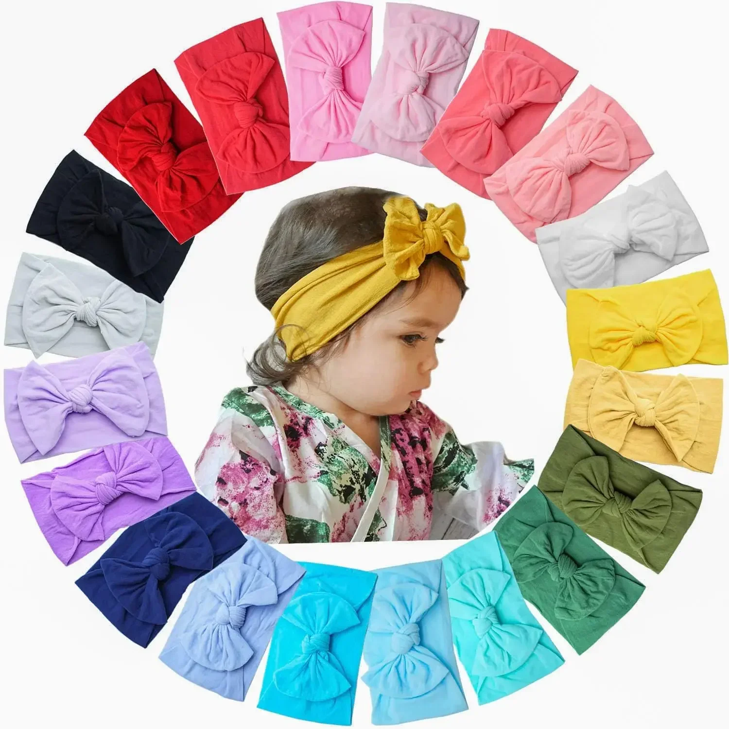 

20 Colors Super Stretchy Soft Knot Baby Girl Headbands with Hair Bows Nylon Head Wrap For Newborn Baby Girls Infants Kids
