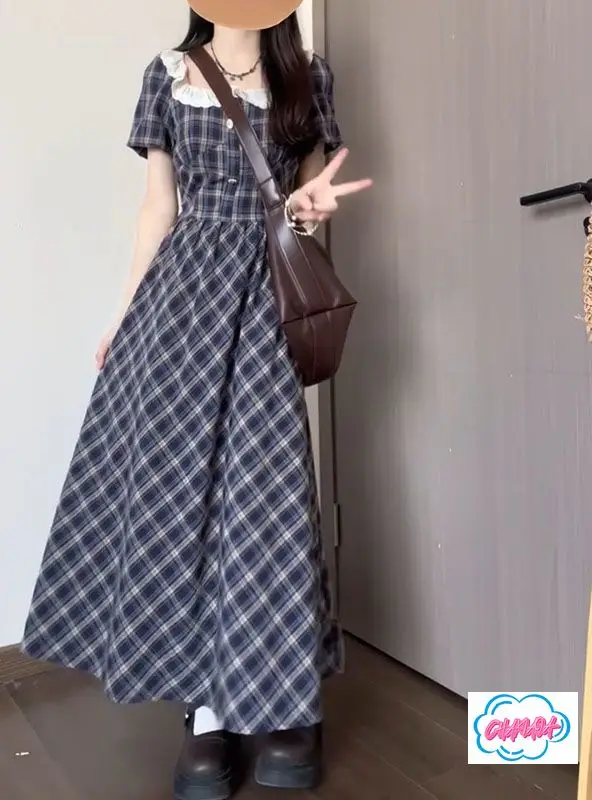 

Lolita Gentle Wind Super Fairy Korean Blue Plaid Dress Womens Summer High Waist Slim Fit Sweet and Fresh A-shaped Long Dress