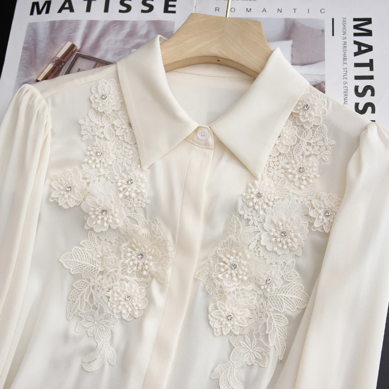 

Шелковая блузка Ele Silk с вышивкой, тяжелой отделкой жемчугом и кружевом, из натурального шелка, женская, премиум-класса