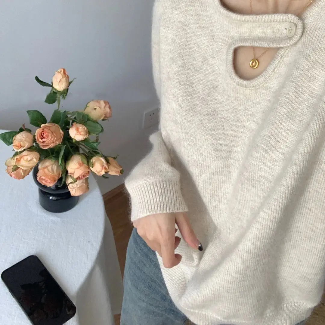 Buckle V-neck Pullover Shoulder Base Sweater Women's Autumn and Winter New Thick Inner Sweater Loose Lazy Style Top