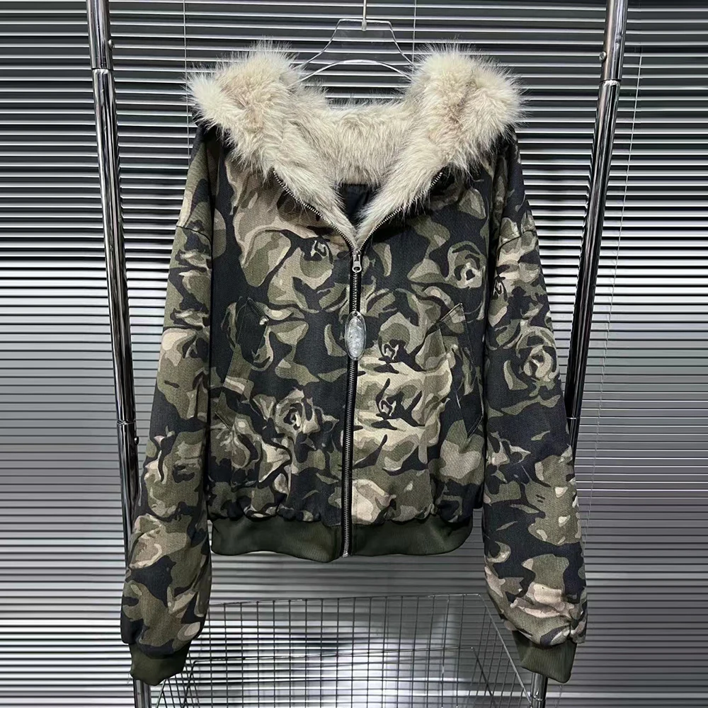 TWOTWINSTYLE Camouflage Spliced Fur Jacket For Women Hooded Long Sleeve Patchwork Zipper Casual Chic Coat Female Fashion Clothes