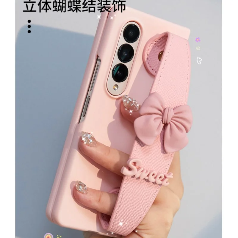 For Samsung Galaxy Z Fold 7 6 5 4 3 2 5G Phone Case Fashion Cute Bow Wrist Band Bracket Pink Matte Cover