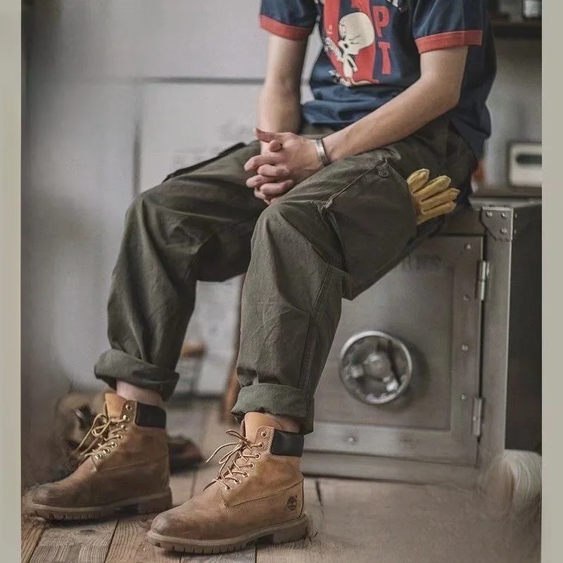 

Spring Summer Autumn Men's Large Size Casual Pants Wear Resistant Cuffed Workwear Loose Fit Magic Tape Retro Sle Trousers