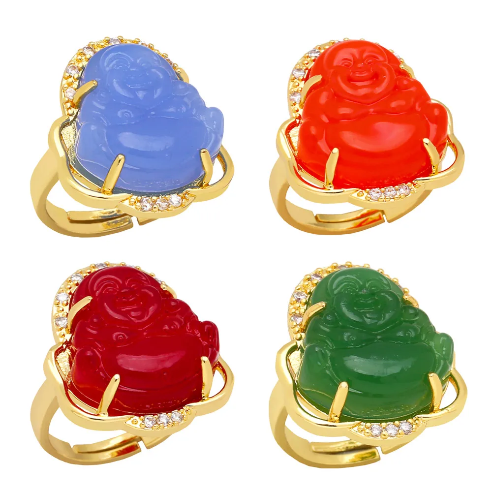 Clearance Glass Maitreya Buddha Ring for Women Copper Gold Plated Multiple Color Open Rings Buda anillos mujer rigr22