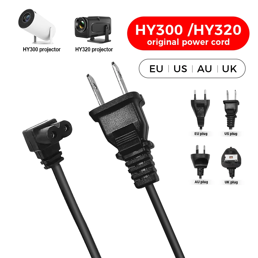 Original HY300PRO Power Cable 1.2M for HY320/HY300PRO Projector EU/US/AU/UK Power Extension Cord for PC Computer Monitor TV