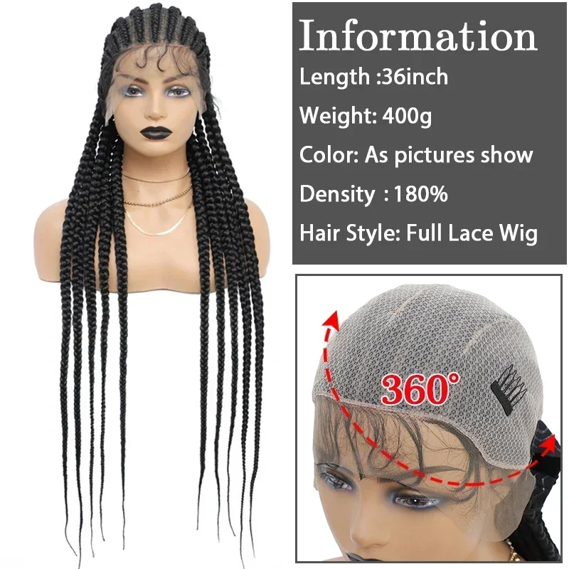 36inch Full Lace Box Braid Wig with Baby Hairs Cornrow Box Braided Wig 360 Lace Front Wig Ombre Synthetic Braided Wigs for Women