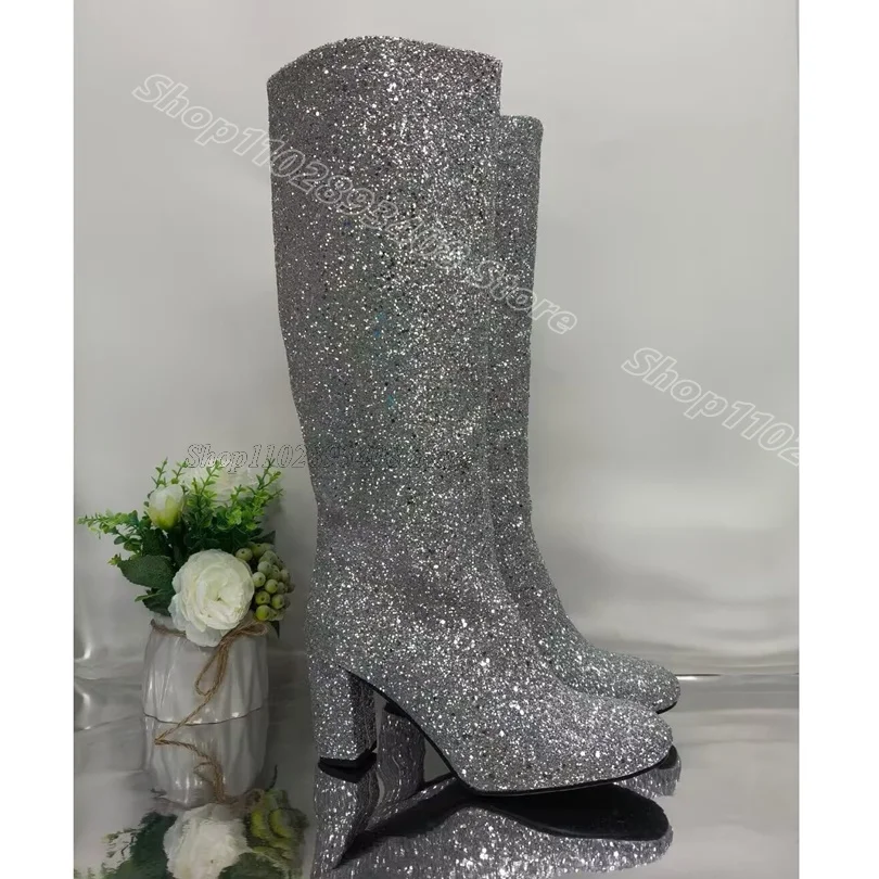 

Glitter Silver Chunky Heels Boots Side Zipper British Style Ankle Buckle Design for Women Party Spring Boots Zapatos Para Mujere