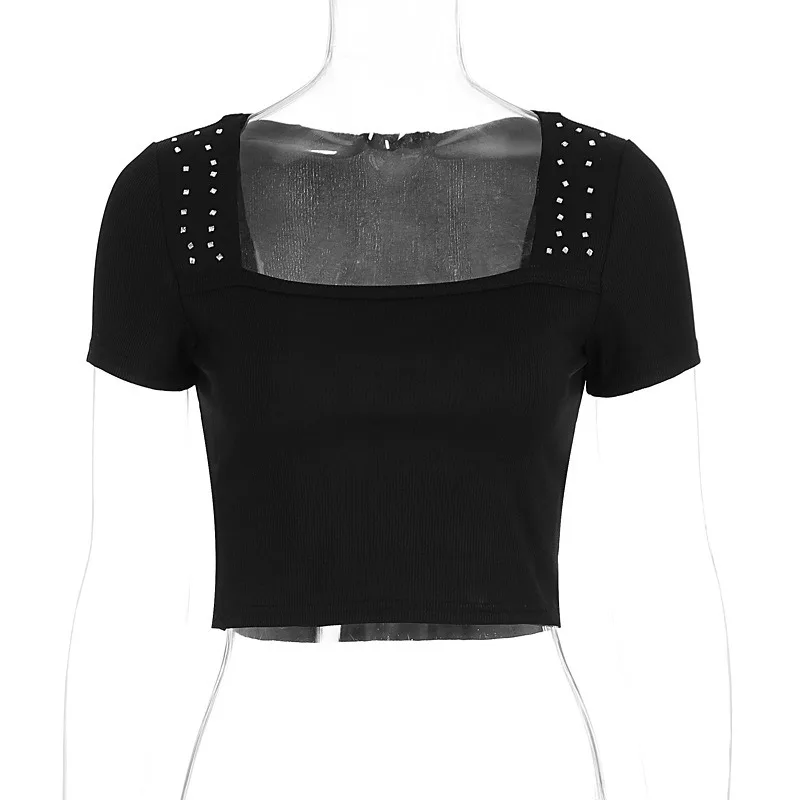 Talenza Women's Fashion T-Shirt Summer Square Neck Solid Hot Drilling Slim Short Top Y2k High Street Elegant Female Pullover Top