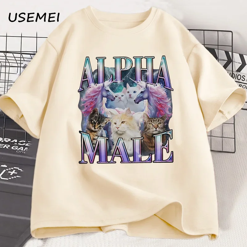 Alpha Male Unicorn Cat T-Shirt, Ironischer 90er-Jahre-Vintage-Stil, lustiges Retro-Regenbogen-Meme-T-Shirt, seltsames Katzen-Shirt, Geschenk für Sie und Ihn