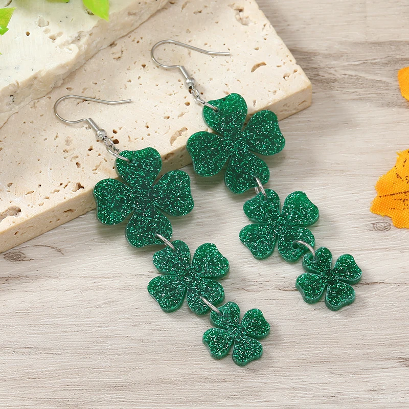 2PCS St. Patrick's Day Clover Love Flow Sequins Horseshoe Hollow Acrylic Earrings High end Carnival in Europe and America