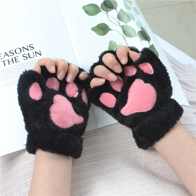 Women Bear Plush Cat Paw Claw Gloves Winter Faux Fur Cute Kitten Fingerless Mittens Gloves Christmas Halloween for Womens Girls