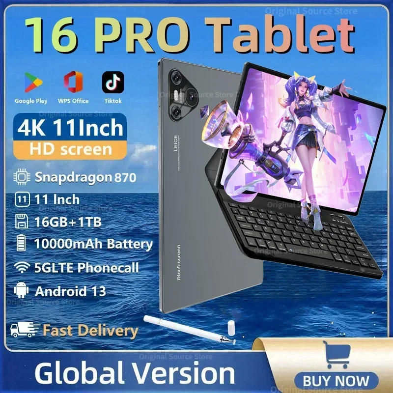 

2024 Global Version NEW 16 Pro Tablet Android 13 16GB+1TB 11 Inch Snapdrago 870 5G Dual SIM Card Phone Call WIFI HD 4K Tablet