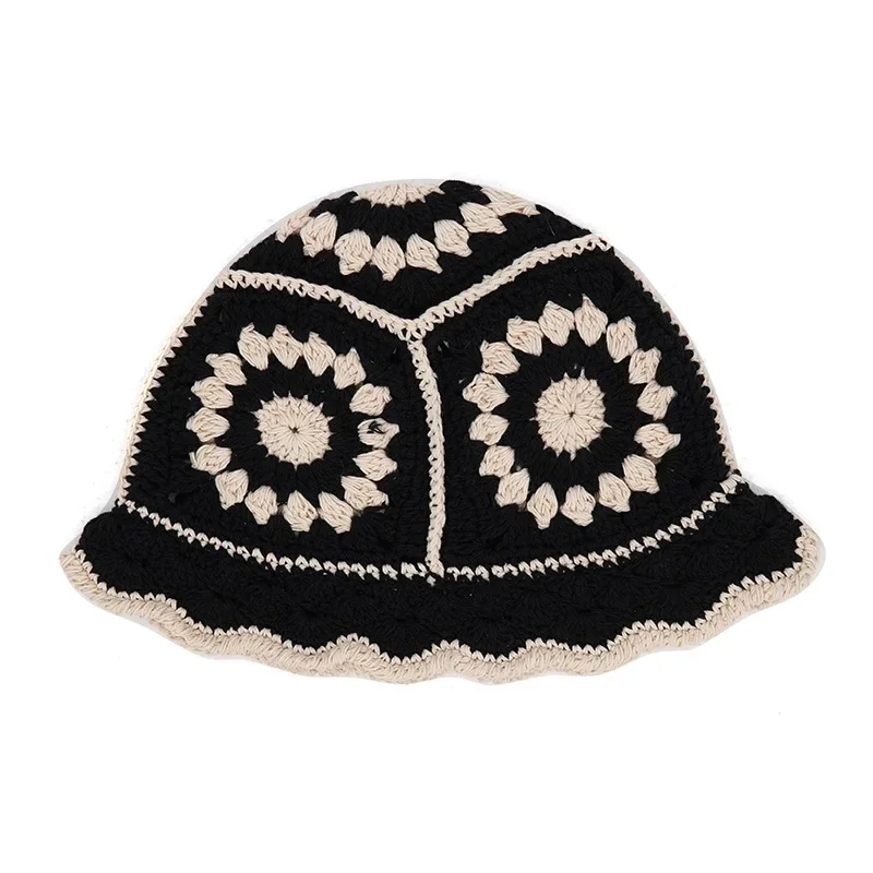 Korean Women Hollow Knitted Hat Handmade Crochet Basin Hat Spring Summer Sunscreen Sun Hat Female