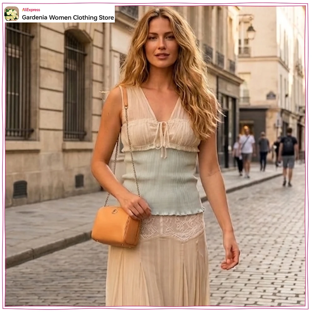 

Elegant Chic Women Combination Skirt Sets Summer New Matching Sets V-neck Combined Top with Wide Straps + Lace Waist Midi Skirt
