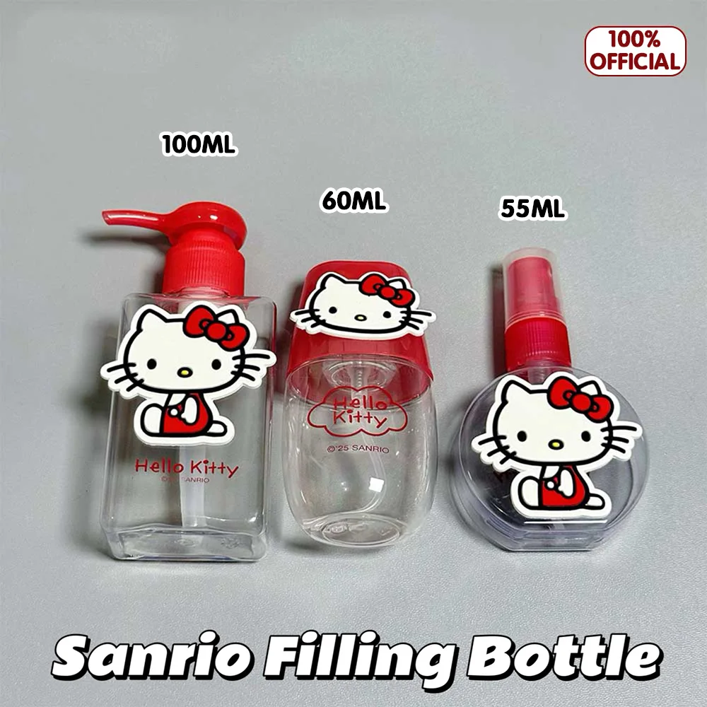 Botella dispensadora genuina de Sanrio Hello Kitty, 55/60/100ml, botellas de repuesto portátiles para champú y perfume con diseño de gato Kt, regalos y juguetes para niñas