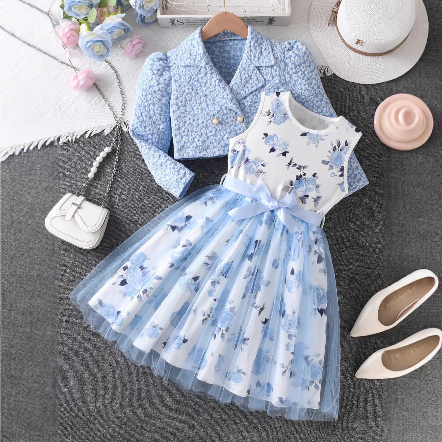 5-14y-キッズパーティードレス-女の子用-ティーンエイジャー服-長袖ジャカードコートとブルーの花柄イブニングドレス-女の子の誕生日用