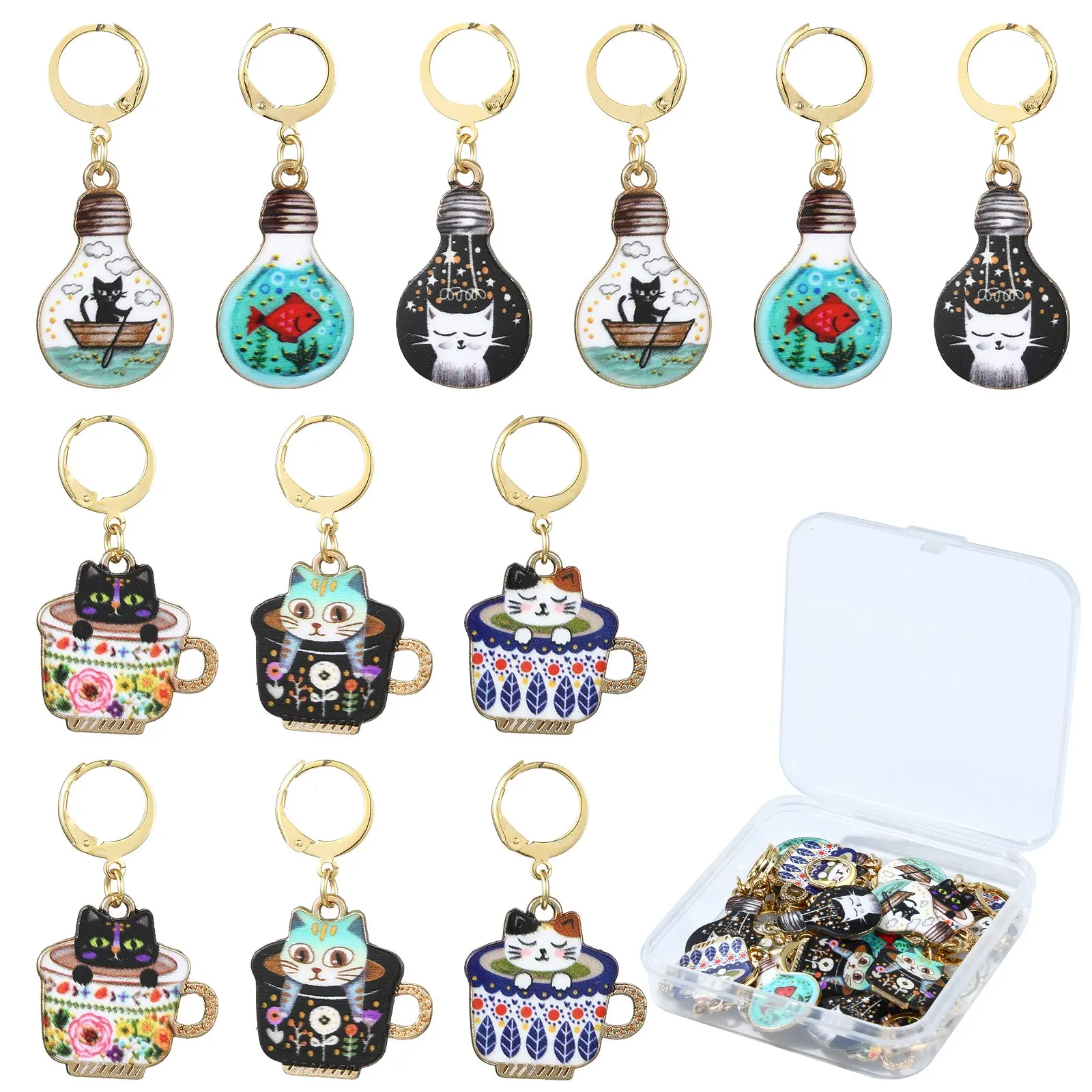 

12Pcs Mixed Styles Cup Cat Stitch Colorful Enamel Cat Crochet Stitch Marker Charms for Knitting Weaving Sewing Accessories