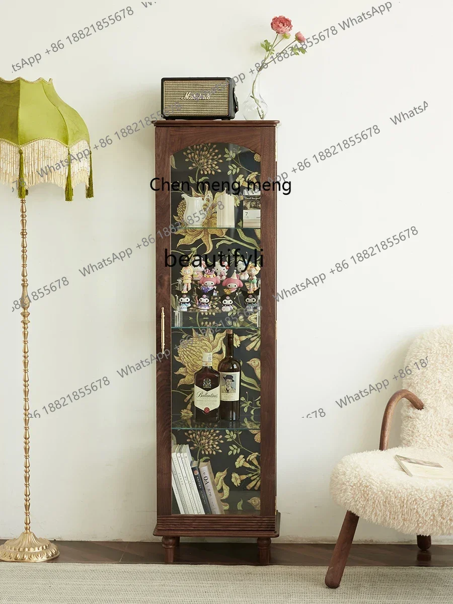 

ss7304Display Cabinet Retro Black Walnut Solid Wood Bookcase Living Room Glass Locker Storage Cabinet