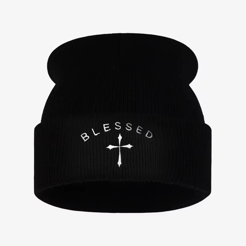 2026 Blessed Cross Printed fabric Winter Cuffed Knit Hat, Unisex Warm Streetwear Cap for Men Women, Daily Outdoor Wear
