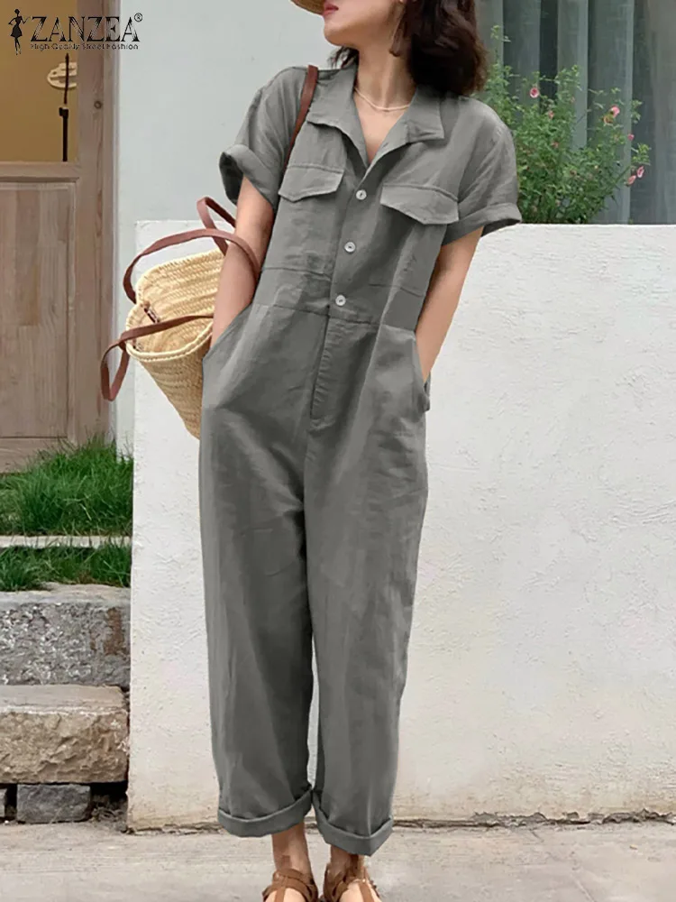 ZANZEA Women Summer Jumpsuit Lapel Solid Color Short Sleeved Dungarees Femme Fashion Causal Elegant Rompers Work OL Pant 2023