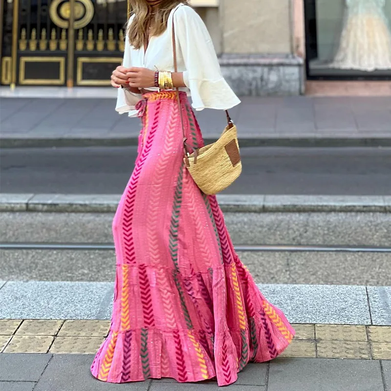 Casual Elastic High Waist Print Long Ruffle Dress Y2K Clothes Summer Women Elegant Bohemian Maxi Dress