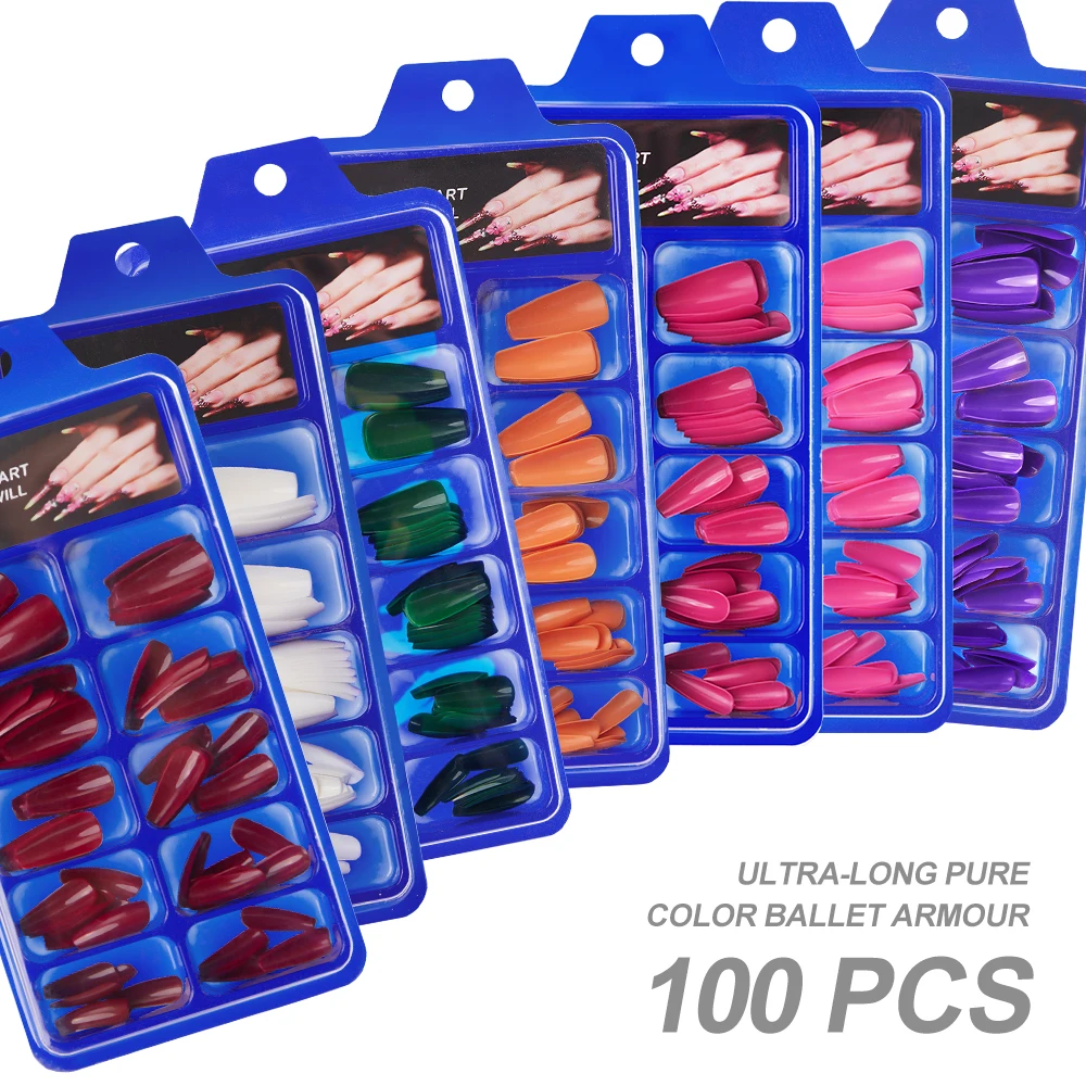 100Pcs Press On Nails Long Coffin Full Cover False Nails Red/Purple/Pink Acrylic Nail Tips Wearable Nail Extension Manicure Tool