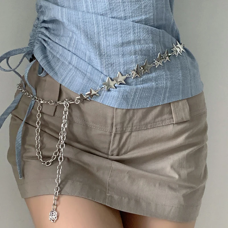 （PMS）Vintage Women Waist Belt Female Metal Star Pentagram Chain Belt Tassel Waist Chain Belt Women Decorative Body Jewelry