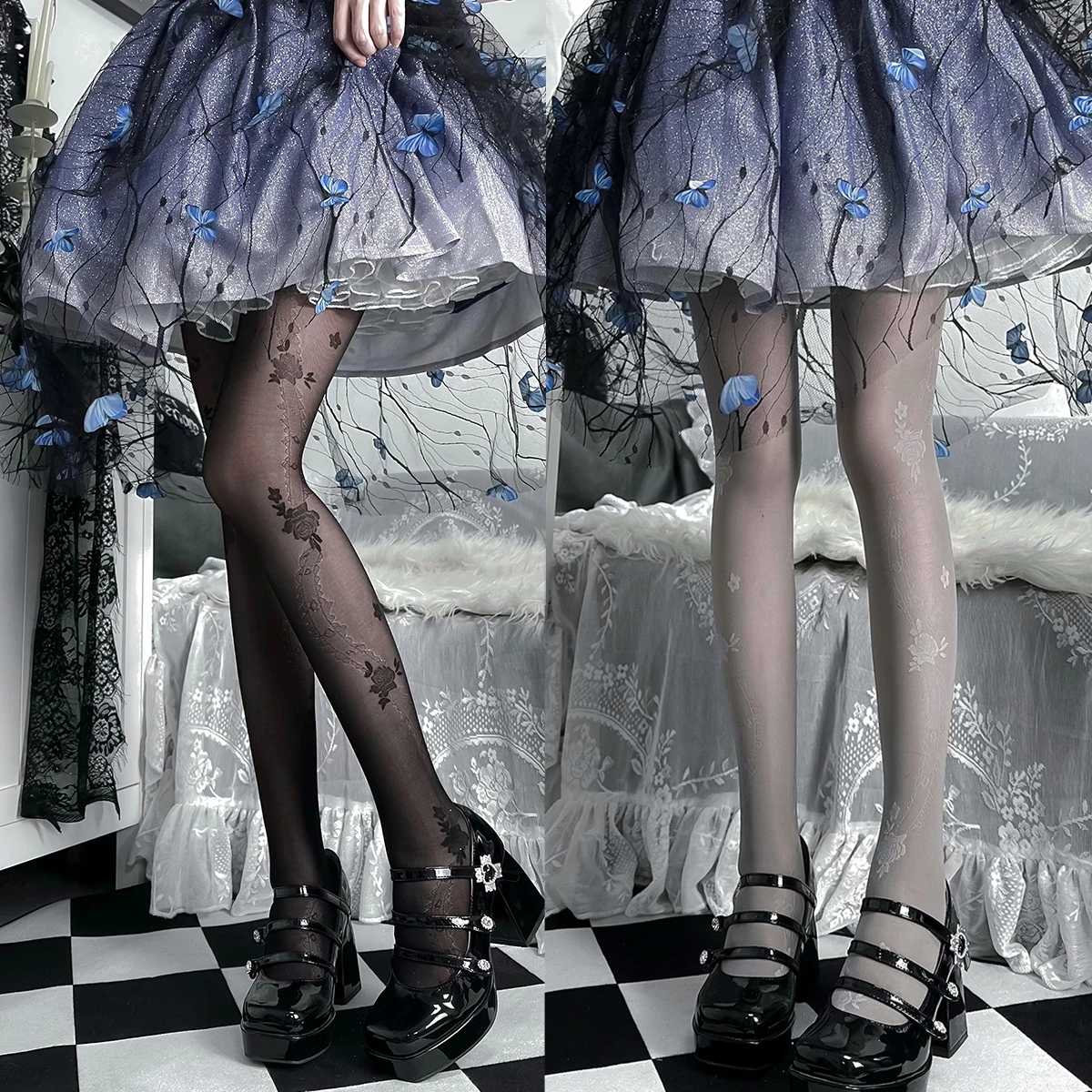 Thin black and white stockings bottoms, fresh and sweet rose jacquard lolita with long socks